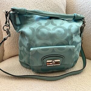 Coach Signature Satin Aqua Shoulder Crossbody Bag Silver Hardware 17733